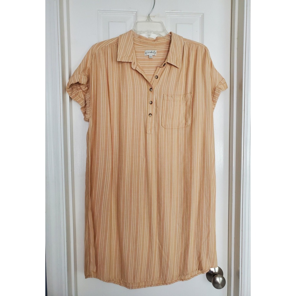 Wonderly Shirt Dress Orange Striped Henley Short Sleeve Linen Blend Casual Large